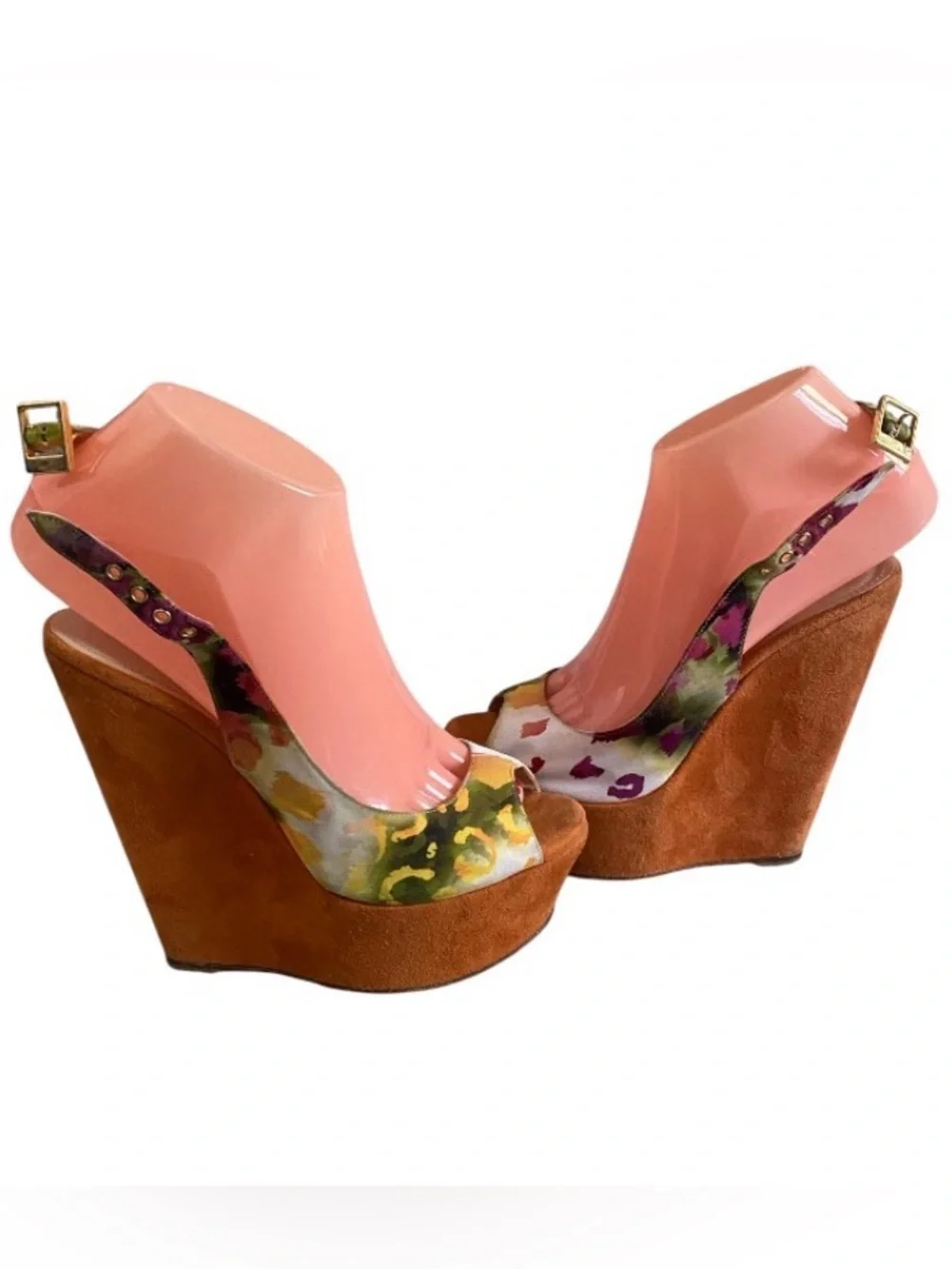 Baldan hi wedge floral/suede slingback platform shoes 36.5